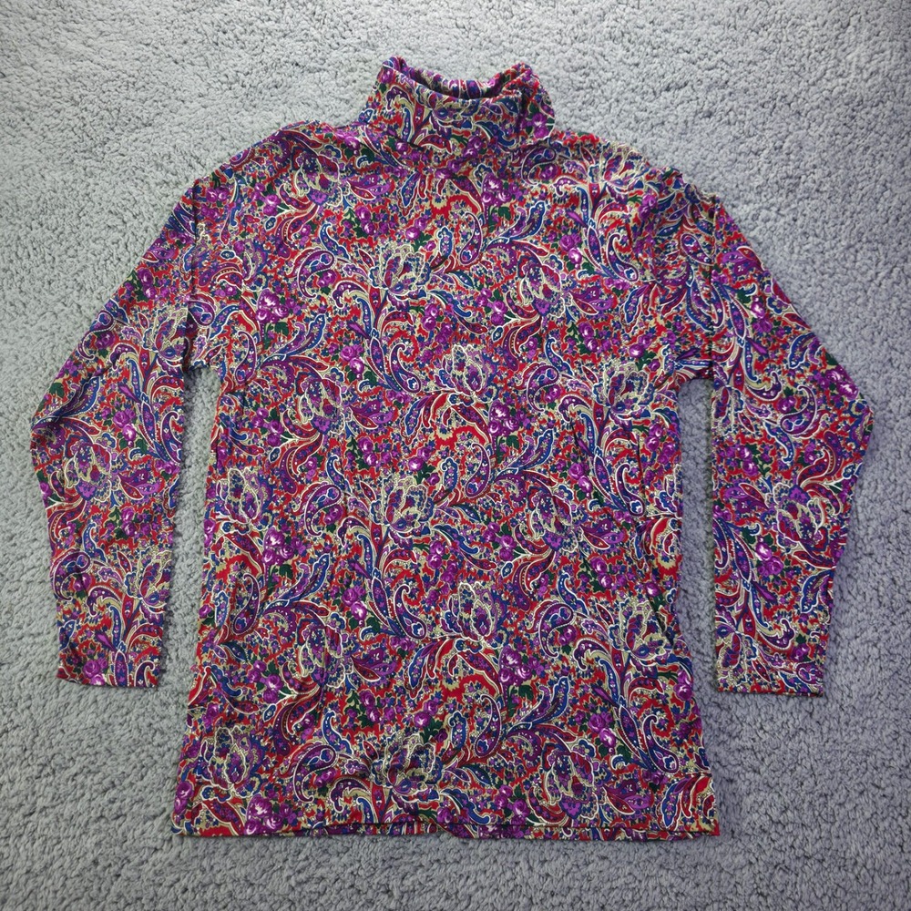 Hunt Club Womens Red Purple Paisley Floral Cotton Turtleneck Top Small NWT